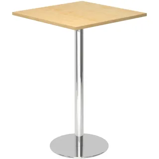 bümö Stehtisch Büro, Bistrotisch eckig 80 x 80 cm in Ahorn, Gestell: Verchromt - Bartisch, Stehtisch Holz-Platte, Säule aus Metall, Buffettisch,