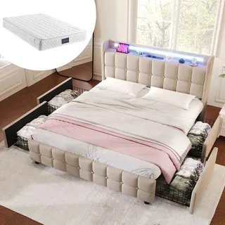 MODFU Polsterbetten 160 x 200 cm, Funktionsbett Doppelbett mit aufladen USB Ladefunktion LED-Beleuchtung und 4 Schubladen(Mit Matratze),Beige - Beige
