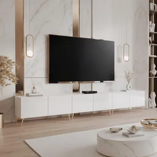 IDOHOME TV Lowboard stehend mit LED und 6 Fächern 300 cm Weiß Hochglanz | 300 x 40 x 36 cm, Laminierte Platte, Mehr Stauraum, Push to Open, TV Zubehör, LED Beleuchtung