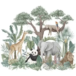 Bunthaus Cartoon-dschungel-tiere-wandaufkleber, Elefant, Giraffe, Panda, Leopard, Grüne Pflanzen, Tiere, Tapetenaufkleber Für Kinder, Abnehmbare Diy-zoo-kunst Für Baby-schlafzimmer, Wohnzimmer, Heimde