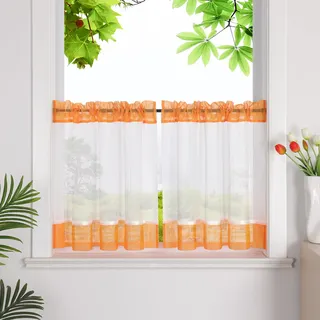HeichkelL Scheibengardinen mit Streifen Küche Kurzstores Leinenoptik Bistrogardine Kleinfenster Gardine Orange mit Tunnelzug HxB 60x145cm 1 Stück