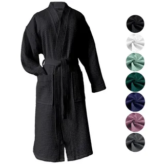 heimtexland Bademantel Reisebademantel Saunamantel Waffelpique Morgenmantel, Midilänge, Baumwolle, 2 Taschen I Bindegürtel, Gürtel, leicht I atmungsaktiv I kleines Packmaß I 100% Baumwolle schwarz XL