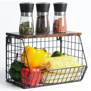 Obst- Und Gemüsekorb, Stapelbarer Wand-obstkorb, Obstbehälter, Gemüseregal Für Die Küche, Metall-obstkorb Mit 2 Haken, Schwarz