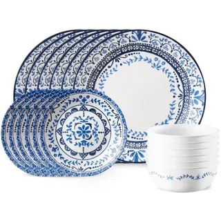 Corelle 18-teiliges Tafelservice Portofino, Blau und Weiß für 6 Personen, splitterfestes Geschirr, inklusive 26 cm Speiseteller, 17 cm Salat-/Beilagenteller und 530 ml Suppen-/Müslischalen