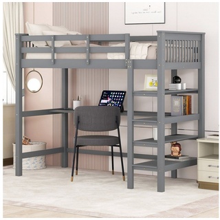Merax Hochbett mit Schreibtisch und Bücherregal Etagenbett 90x200 cm mit Trittleiter, Kinderbett aus Kiefer grau
