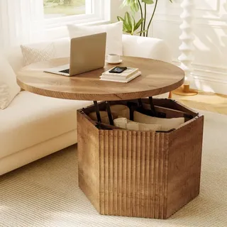 FABATO Couchtisch rund Ø 80 cm mit Liftfunktion, höhenverstellbar 50–61 cm, versteckter Stauraum und Trommelsockel in 3D-Rillenoptik, Natur - Naturbelassen
