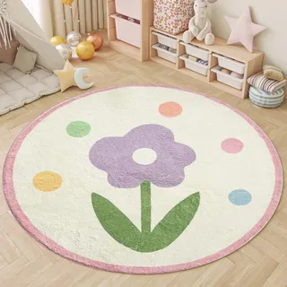 AIMECO Kinderteppich Rund 100CM Weicher Kuscheliger Carpet Wohnzimmer Teppichen Mädchen Schlafzimmer Kinderzimmer Dünn Pflegeleicht Teppiche Motiv Lila Blumen