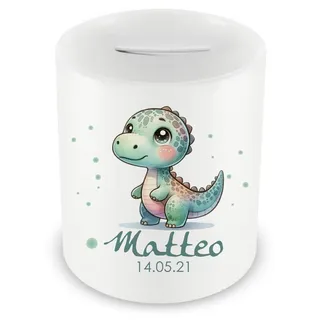 Samunshi® Kinder Spardose mit Namen und Süßer Dino als Motiv für Kinder - Jungen und Mädchen Sparschwein 330ml weiß
