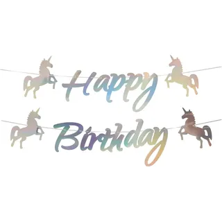 Happy Birthday Girlande 160cm Banner Einhorn Motiv Deko Kindergeburtstag Geburtstag Silber Irisierend