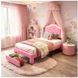 Simurq Kinderbett Prinzessin Bett, Kinderbett 90x200, Mädchen Bett, Bettgestell, Komfort-Lattenrost, Jugendbett mit Stauraum, Kunstleder, pflegeleicht rosa