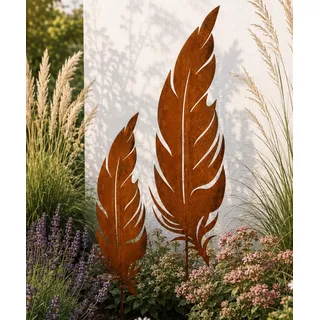 Terma Edelrost Feder Set XXL 134 cm & 110 cm Gartenstecker aus Metall Wetterfeste Gartendeko für draußen Rost Deko Garten Handgefertigt Made in Germany