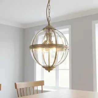Licht-Erlebnisse Pendelleuchte Jugendstil Kugelschirm Ø 32 cm H: max. 1,2 m verstellbar in Messing Antik Klar 3x E14 Glas Metall Hängelampe Wohnzimmer Esszimmer