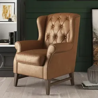 Phoenixarts Chesterfield Vintage Ledersessel Braun Schwarz Echtleder Ohrensessel Design Clubsessel Lounge Sessel (Hellbraun)