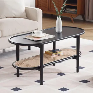 Ya-Home Couchtisch Holz Oval mit Rattan Ablage, Wohnzimmertisch mit Stauraum, Sofatisch Klein Kaffeetisch Beistelltisch Teetisch Für Wohnzimmer Schlafzimmer Büro, Schwarz