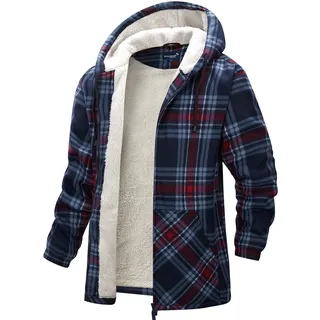 Scheibler Herren Holzfällerhemd mit Kapuze Winter Flanellhemd Fleecejacke Thermohemd Sherpa Arbeitsjacke Karierte Holzfäller Jacke Gefüttert FleeceFutter - navy-blau-rot-kariert-XL - XL