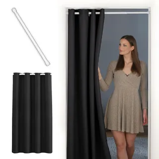 tinycurtains, Thermo Türvorhang mit Teleskopstange, einfache Montage in nur 1 Minute ohne Bohren (Türgardine schwarz H200 x B150 cm + Stange weiß B70-120 cm)