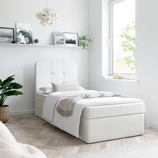 Bett, Boxspringbett MERA MINI mit Bettkästen, Doppelbett, Stauraum, Schlafzimmer, Polsterbett, Bettgestell (90x200, Weiss - Madryt 120, mit Topper... - Weiß