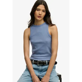 Tanktop SUPERDRY "ESSENTIAL LOGO RACER VEST", Damen, Gr. L, blau (tidal blau), Jersey, Obermaterial: 100% Baumwolle, unifarben, regular fit normal, Rundhals, Tops Tanktop, aus Baumwolle, Regular Fit, mit Rundhalsausschnitt, ärmelloses Design