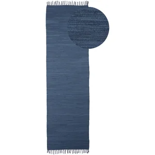 carpetfine Kelim Chindi uni, Läufer", blau, 70x200 cm, handgewebt, | Fleckerlteppich aus Baumwolle, für Wohnzimmermit Fransen