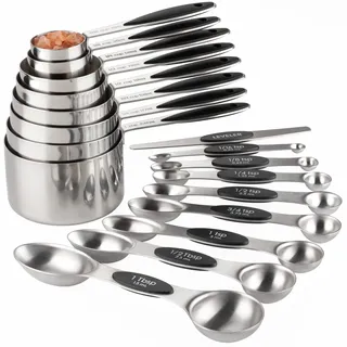 Messbecher- und Löffel-Set aus Edelstahl, enthält 8 robuste Messbecher, 8 doppelseitige magnetische Messlöffel und 1 Abstreifer für trockene und flüssige Zutaten
