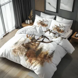 Generisch Bettwäsche 135x200 Hirsch Design, 2teilig - Rustikal Jagd Bettbezug und 1 Kissenbezug 80x80, Wendebettwäsche, Schlafzimmer Deko, Mikrofaser, mit Reißverschluss U&J-V1