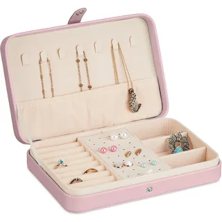 Relaxdays Schmuckkästchen, Schmuckaufbewahrung, Ringe, Ohrringe - Ketten, Reise Schmucketui, hbt: 4,5x21x14,5 cm, rosa