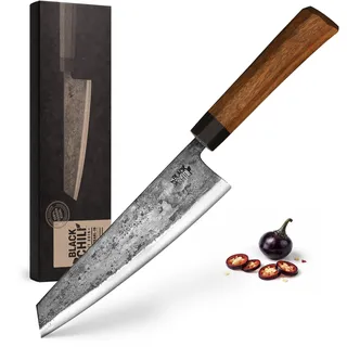 Black Chili Chefmesser | Eisenholz Griff | 19 cm Carbonstahl Klinge mit 61–63 HRC | Profi Kochmesser für Fisch, Fleisch & Gemüse | Tranchiermesser Kiritsuke Bunka Allzweckmesser | BLACK-PEARL-19
