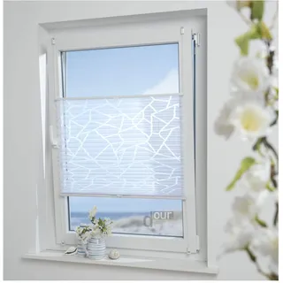 ourdeco® Plissee Ausbrenner / 55 x 130 cm (Breite x Höhe) / Farbe: weiß; lichtdurchlässig, Motiv Waitara-Grafik/Klemmen, Montage ohne zu Bohren, Klemmfix-Plissee, Easy-to-fix