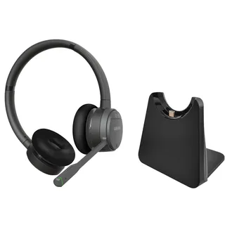 GEQUDIO DECT & Bluetooth Headset für FritzBox, GC-2, 2-Ohr mit Ladeschale | 2-Ohr Stereo · inkl. Ladeschale · Kabellose Anrufsteuerung am FritzFon · DECT & Bluetooth · HD Audio · PC & Smartphone