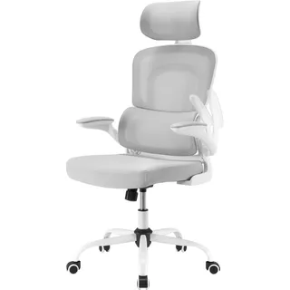 Farini Ergonomischer Stuhl Büro Computer Stuhl mit Rollen Schreibtisch für Bequemer Home Office Höhenverstellbar Chefsessel Bürostuhl mit Kopfstütze, Grauweiß
