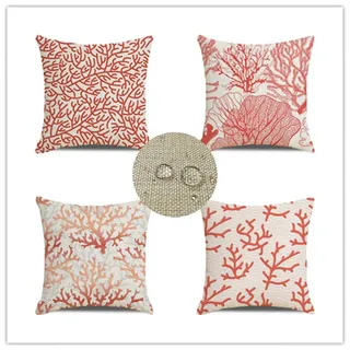 Kissenbezugen wasserdichte 4 Stück Dekorativ Rot Outdoor Lounge Kissen, Wasserdichtes Leinen Koralle Kreatur Muster Kissenhülle, für Sommer Balkon Terrasse Garten Bauernhaus Dekor 40x40cm JW-4000