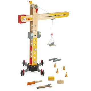 Janod - Großer Holzkran 74 cm - Rollenspielzeug - Konstruktionsspiel - 360° Drehbar und Mobil - 12 Zubehörteile inklusive - FSC-Zertifiziert - Ab 3 Jahre, J06468, Gelb