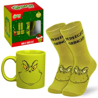 The Grinch Tasse und Socken Damen Teenager, 340ml Keramik Weihnachtstasse & Lustige Kuschelsocken Damen Größe 36-41 in Box, Xmas Geschenke für Frauen