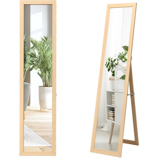 HOMASIS 2 in 1 Standspiegel & Wandspiegel, Bodenspiegel für Ankleiden, Ganzkörperspiegel mit Holzrahmen, Garderobenspiegel für Wohnzimmer & Schlafzimmer, 37x50x148cm (Natur)