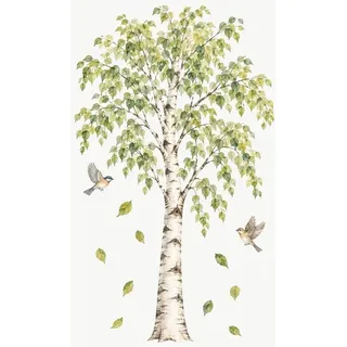 Wandtattoo Kinderzimmer Große Birke, 12er Set, Birke, Blätter, Vögel, Fallende Blätter, Wandsticker selbstklebend und ablösbar, 50 x 50 cm - Grün/Bunt