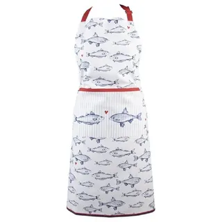 Clayre & Eef Küchenschürze 70x85 cm Weiß Blau Baumwolle Fische BBQ-Schürze