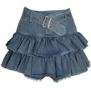 CHOUBAGUAI Japanischer Stil Kawaii Kuchen Jeansrock mit Gürtel lässig Frühling Sommer Retro Rüschen Jeans Minirock Ballkleid-Rock-M