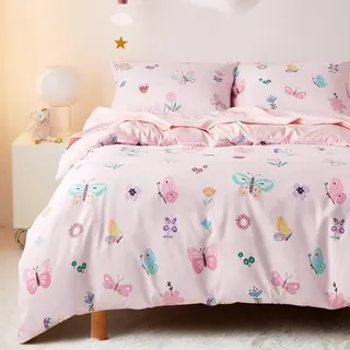 Freyamy Kinder Bettwäsche 135x200cm 2teilig Rosa Bunt Schmetterling Blume Wendebettwäsche Gebürstet Microfaser Kinderbettwäsche Mädchen Bettbezug mit Reißverschluss und Kissenbezug 80x80cm