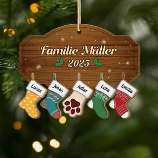 Geschenke Mall Personalisiertes Ornamente - 1-Schicht-Holz Familie Weihnachtsstrumpf - Weihnachtskugel mit Namen, Personalisierte weihnachtsdeko, Personalisiert christbaumkugel (5 Kinder)