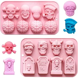 Halloween Silikonform Set: 2 Stück Totenkopf, Grabstein, Gehirn Für Eiswürfel, Schokolade, Süßigkeiten