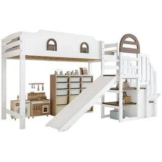Merax Etagenbett (1-St), Kinderbett Hochbett 90x200cm mit Rutsche Stauraumtreppe Ablagefläche weiß
