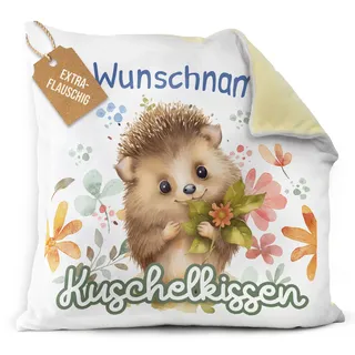 Print Royal PR Flauschiges Kuschel-Kissen für Kinder mit Füllung mit Name selbst gestalten - Igel Kissen für Mädchen und Jungs, Kinderkissen mit Name | 40 x 40 cm, Rückseite Gelb Flauschig