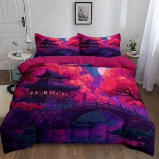 Generisch Bettwäsche Set Anime Pavillon Brücke Kirschblütenbaum Mond 200 x 200 cm Bettbezug für Jugendliche, 100% Mikrofaser Bettwäsche mit 2 Kopfkissenbezüge 80x80 cm - Dunkelrosa