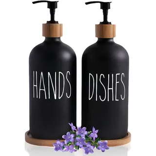 2 Stück Glas Seifenspender Schwarz Matt Set mit Tablett, 500 ml Soap Dispenser, Spülmittelspender Spender, Shampoo Flaschen zum Befüllen, Handseifenspender für Küche, Badezimmer und Dusche