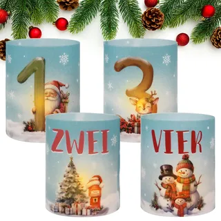 BOOMTOP 12Pcs Windlicht Tischdeko Advent Kerzen Deko Adventszahlen 1 2 3 4 Mini Teelichter Adventskranz Weihnachtsbmann Rentier Schneemann Kerzen Deko Lichthülle Indoor Outdoor Kerzen Dekoration Bunt