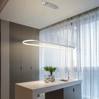 Bellastein Pendelleuchte Oval Esstisch Büro Lampen, LED Hängeleuchte Dimmbar Deckenleuchte mit Fernbedienung, Modern Ring Design Kronleuchter für Esszimmer Küchenlampe Blendfrei (weiß, L90cm)