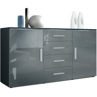 Vladon Sideboard Faro (Kommode, mit 2 Türen und 4 Schubladen), Schwarz matt/Grau Hochglanz (139 x 72 x 35) grau