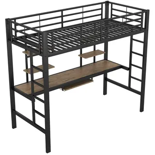 XDOVET Hochbett mit Schreibtisch und zwei Bücherregalen 90 x 200 cm MDF schwarz