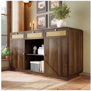 BlingBin Sideboard Kommode (1 St., mit Rattan & Goldgriffen, 3 Schubladen + 2 Schränke + offenes Regal), Höhenverstellbare Einlegeböden, H85/B120/T40 cm braun