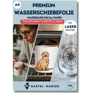 BastelWizard Premium Wasserschiebefolie TRANSPARENT für Laserdrucker - Transferfolie für Kerzentattoos, Keramik, Glas und Tassen - Waterslide Decal Paper (10 Folien - A4) - Kerzenfolien